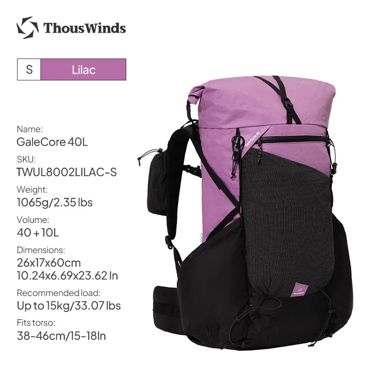 ThousWinds GaleCore 40+10L Lightweight Hiking Backpack Dyneema Trekking Pack Waterproof Bagpack