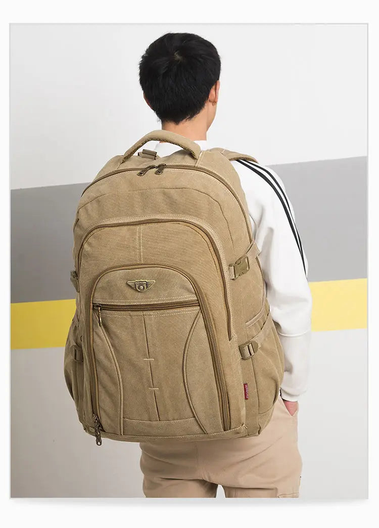 70L Thick Canvas Camping Backpack Large Capacity Waterproof Outdoor Trekking Travel Climbing Bag Luggage Rucksack Men Hiking Bag