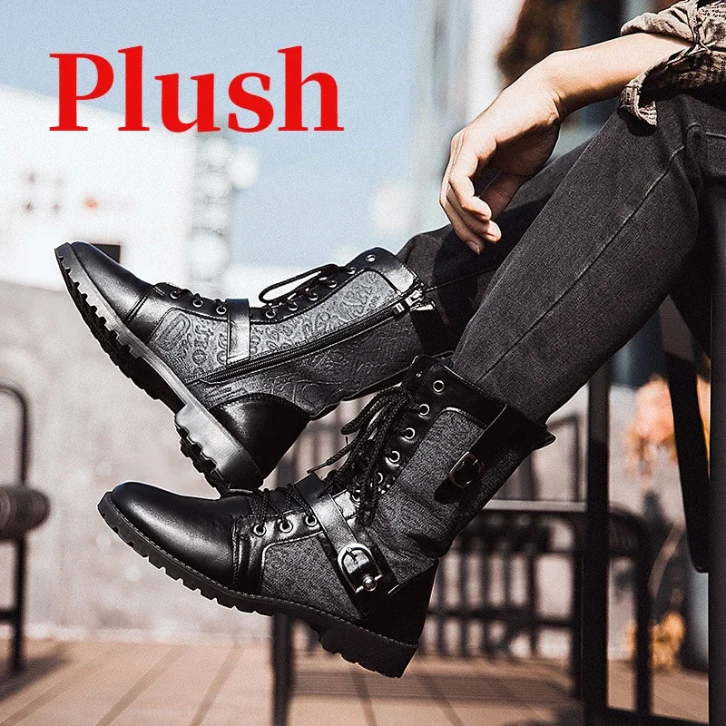 2025 Fashion Man Ankle Boots Lace Up  Platform Leather Shoes Motorcycle Retro Boots Britain Warm Male Platform Mid Calf Boots
