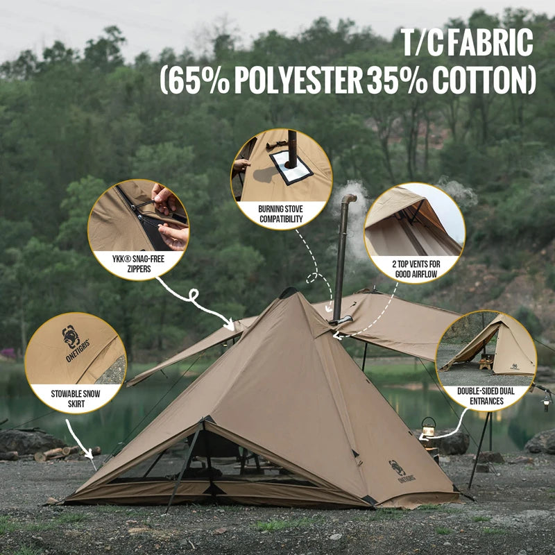 OneTigris CONIFER T/C Chimney Tent 1-2 persons Pyramid/Teepee Hot Tent With Tent Poles Snow Skirts for Camping & Bushcrafting