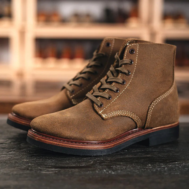 Retro Cowhide Motorcycle Boots High Top Motorbike Boots Durable Goodyear-Welted Moto Boots Wear-resistant Walking Shoes For Men