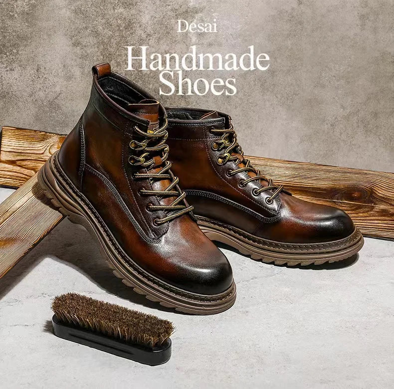 Desai Brand Men Boots Winter Cowboy Full Grain Genuine Leather Military Men Motorcycle Shoes Casual Work Fashion High Quality