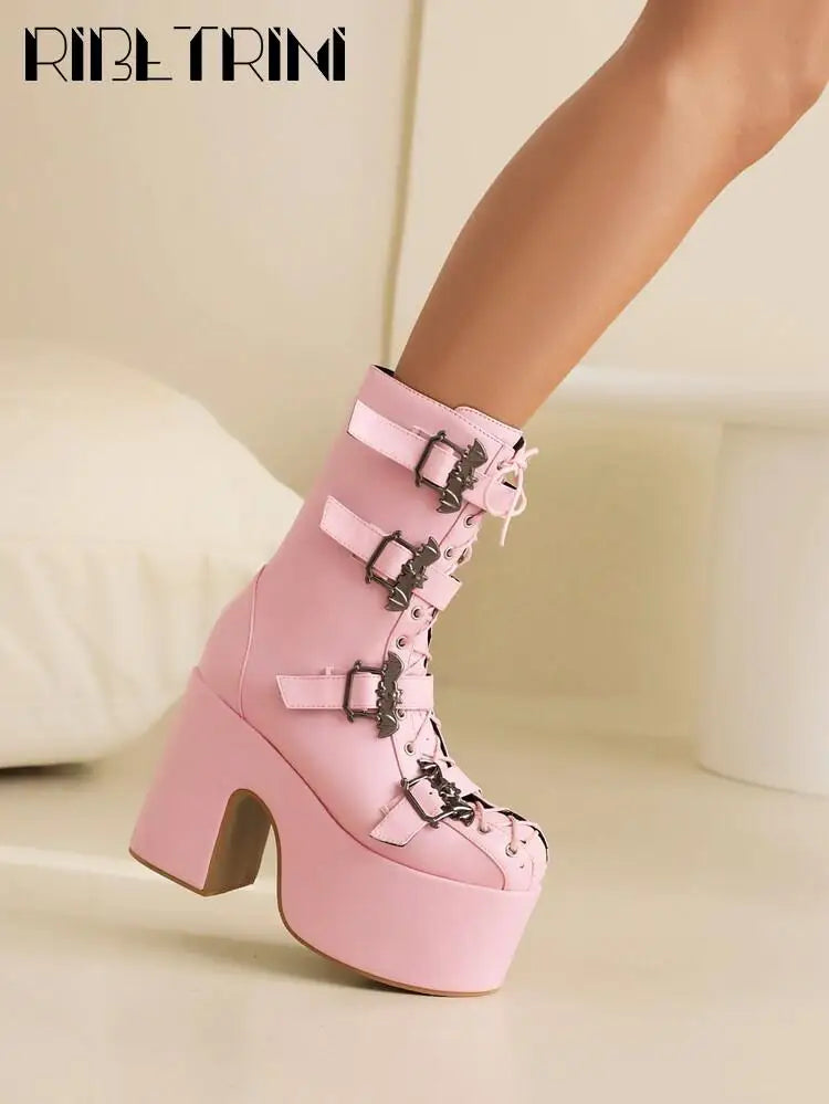 Punk Goth Women Motorcycle Boots Block High Heels Platform Shoes  Woman 2024 New Brand Luxury Fashion Design Cool Street Boots