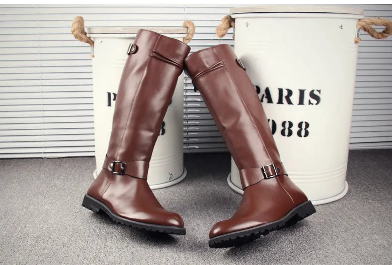 Pop British Mens Black Leather Knee High Boots Desiger Zip Long Motorcycle Shoes Antique Cosplay Stage Botas Casual Comfort Zapa