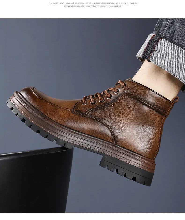 2025 Autumn Winter New Platform Boots for Men Keep Warm Fashion Casual Ankle Boot Male Solid Color Outdoor Cow Leather Shoes Man