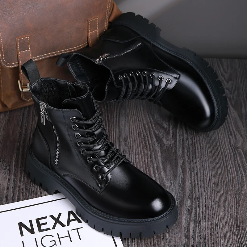 Retro Casual PU Leather Mens Motorcycle Boots Fashion Winter Plush Snow Boots Comfortable Leather High Top Shoes Man Warm Botas