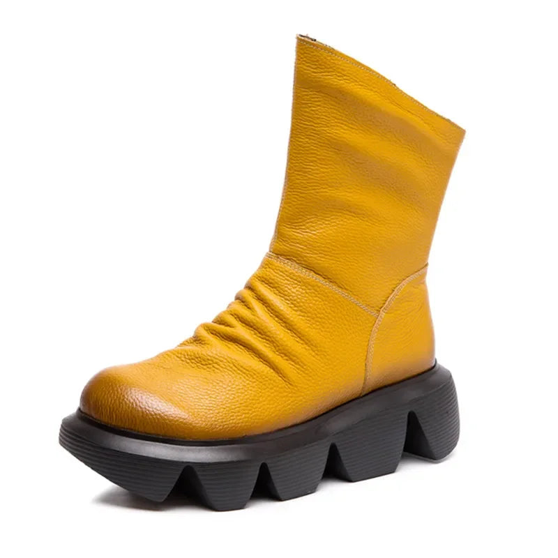 BEYARNE Ankle Boots Women Genuine Cow Leather Platform Bootie Side Zipper Soft Comfortable Autumn Winter Ladies Shoes Handmade