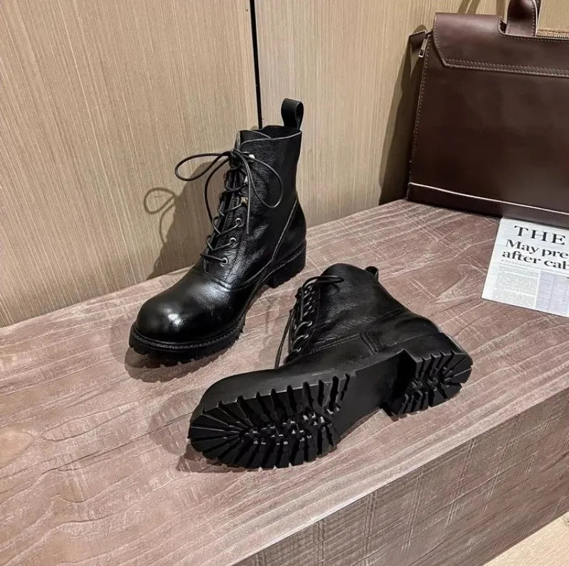 Vintage Mens Round Toe Lace Up High Top Work Safety Shoes Cowhide Genuine Leather Ankle Boots British Motorcycle Riding Boots 45