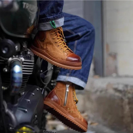 Retro Uglybros Motorcycle Boots Cowhide Canvas Shoes Ankle Protect Motorbike Zapatone British Style Botas For Harley For TRIUMPH