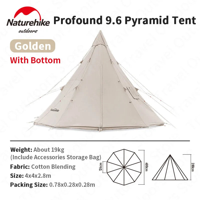 Naturehike Pyramid A-type Tent Teepee Tipi Tent With Chimney for 5-8 People Family Travel Camping Cotton Blend 9.6 Waterproof