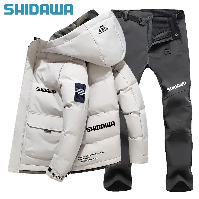 New Men suit Autumn Winter Warm Fishing Clothes Set Casual Thickened Hooded Down Cotton Jacket + Fleece Waterproof Fishing Pants