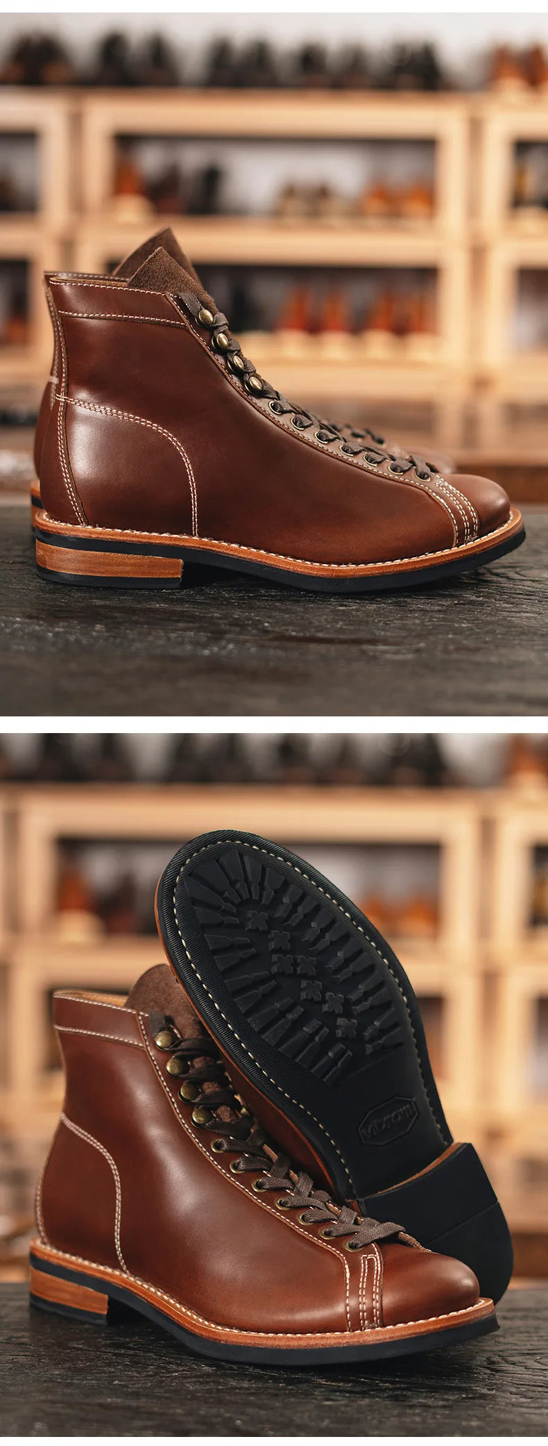 Cowhide High Top Motorcycle Boots Vintage Men Moto Ankle Boots Motocross Thick Soled Riding Boots Walking Shoes Moto Equipment