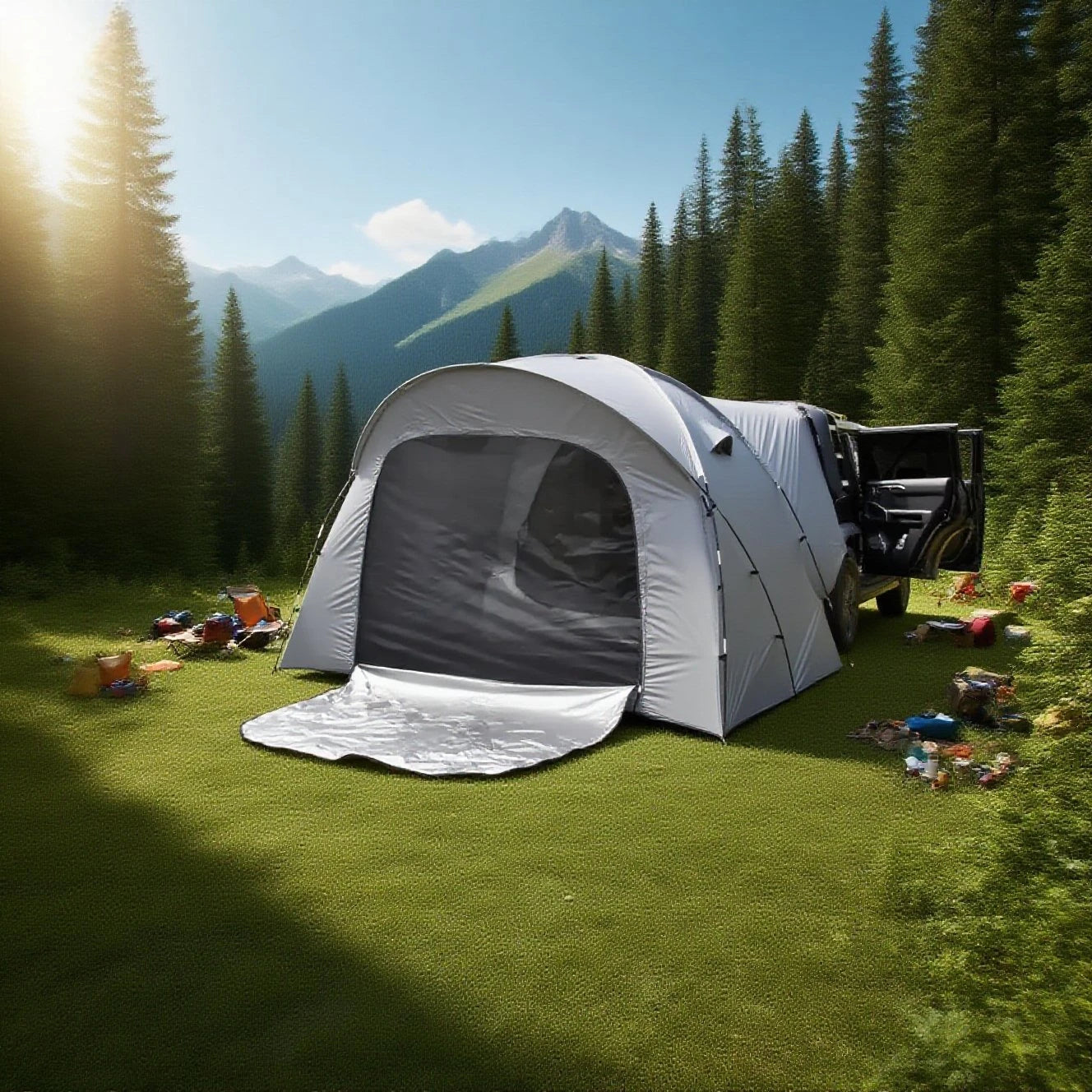 3-4 Person SUV Camping Tent PU4000 Waterproof with Mesh Bug Door, Cross-Ventilated Quick-Pitch Design, Built-In Floor