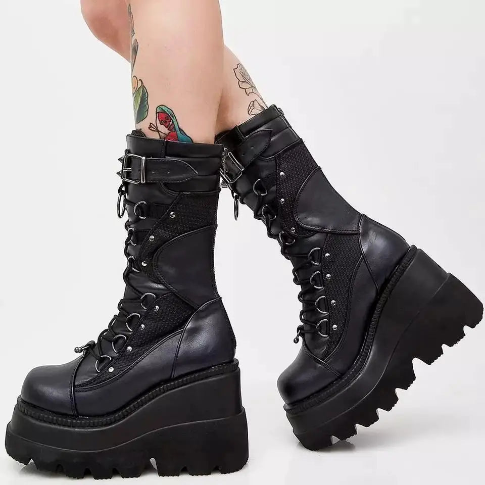 Women's Motorcycle Boots Ladies Goth Platform Boots Fashion Rivet Buckle Punk Wedges High Heels Party Street Cosplay Woman Shoes