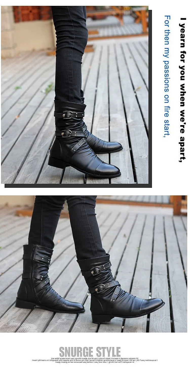 Winter Pointed Toe Men's Mid-calf Boots Buckle Strap Chelsea Boot for Men Leather Mens Motorcycle Boots High Top Man Winter Shoe