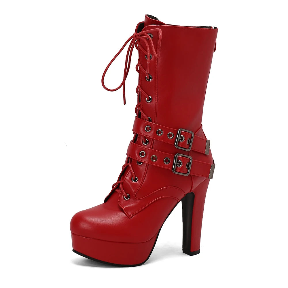 Women Punk Style Lace-Up Ankle Boots Belt Buckle Platform High Heels Short Boot Female White Autumn Winter Round Toe Shoes 2025