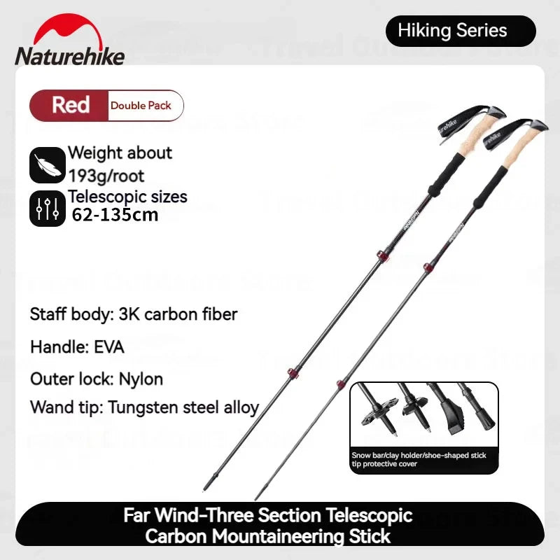 Naturehike Trekking Pole 2pcs 62-135cm 3Sections Carbon Fiber Telescopic Walking Stick Outdoor Hiking Canes Ultralight Climbing
