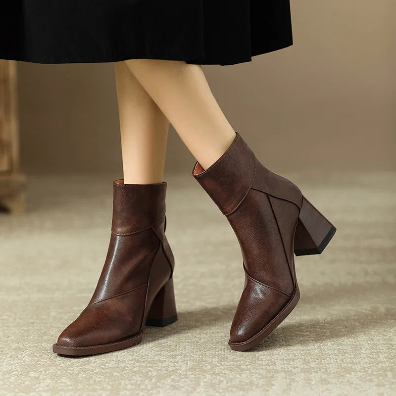 Woman Chunky Ankle Boots Women Zipper Retro Brown Soft Leather Short Boot Autumn New Square Toe Casual High Heel Booties Mujer