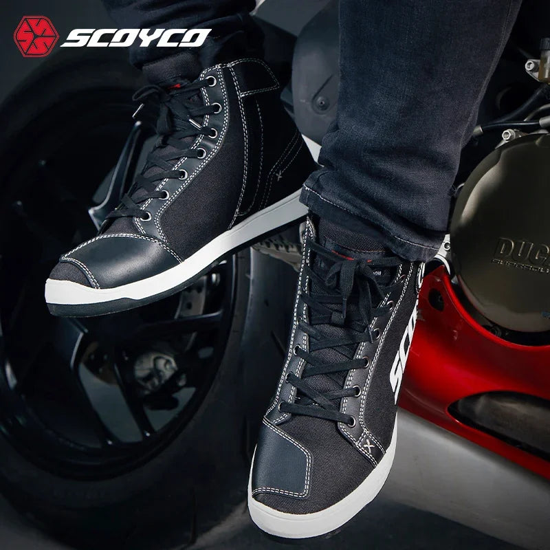 SCOYCO Commuter Motorcycle Riding Shoes Fashion Casual Hundred Crash Shoes Breathable Canvas Riding Motorcycle Boots MT068