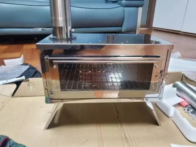 Outdoor tent camping, heat-resistant glass observation stove, portable foldable stainless steel winter heating wood stove