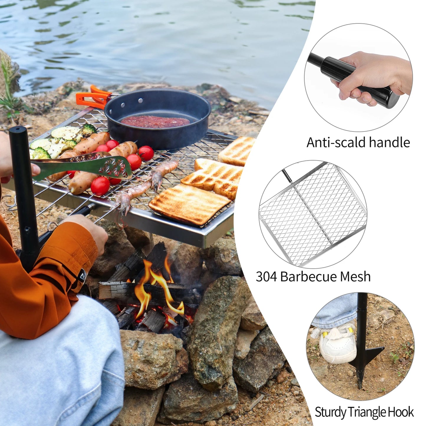 360 ° Swivel Campfire Grill Camp Grill Grate over Fire Pit Portable Grill Rack for Camping Cooking Barbecue