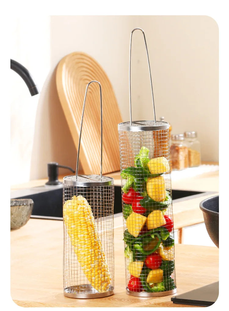 304 Stainless Steel Barbecue Cylindrical Mesh Grill Basket, Picnic Barbecue Supplies, Smoked Barbecue Rolling Cylinder
