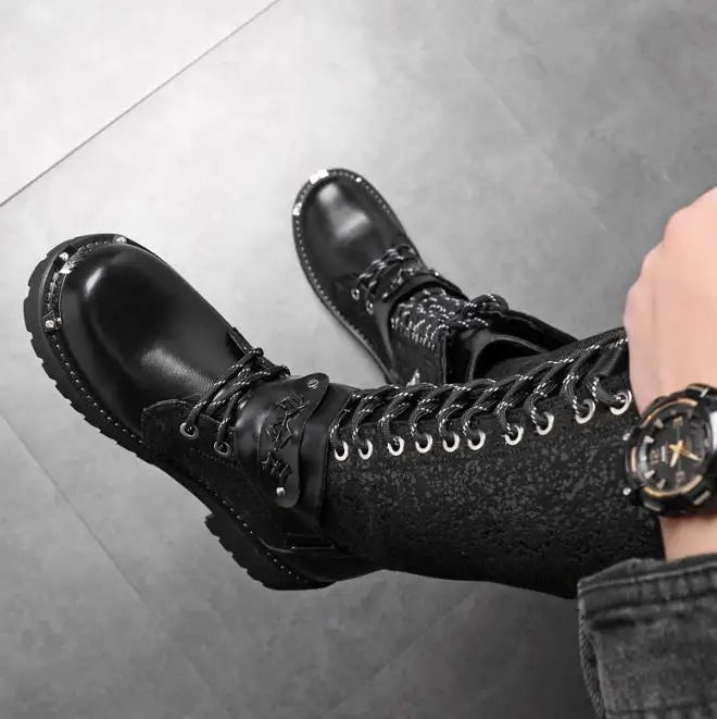 Men Motorcycle Boots Mid-calf Breathable Combat Boots Gothic Belt Punk Boots Men Shoes Hightop Casual  Metal toe boots 38-46