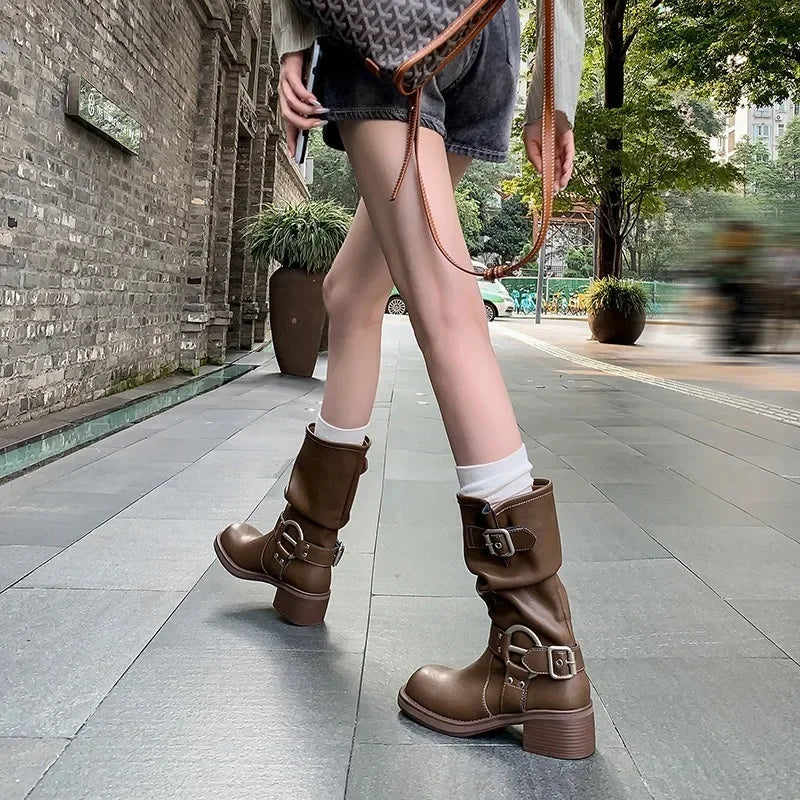 Fashion Buckle Motorcycle Boots Women Round Toe Med Heels Ankle Boots Woman 2024 Pu Leather Square Heel Autumn Platform Shoes