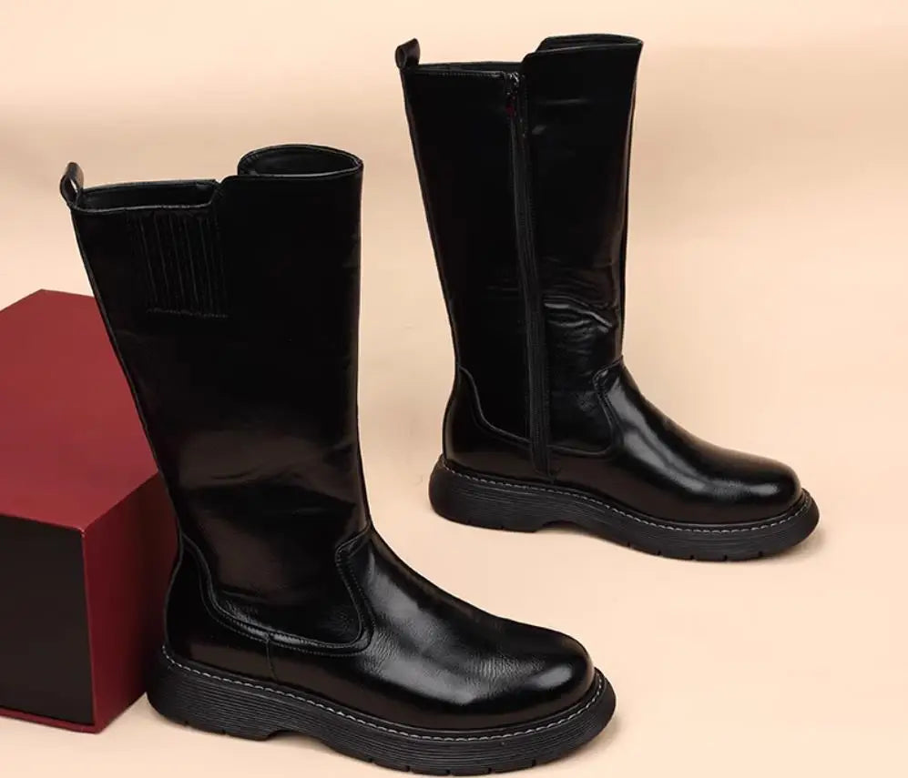 Size 38-43 Top Quality Mid Calf Punk Style Motorcycle Riding Boots Men Shoes Fall Winter Flat Heels Long Boots Male