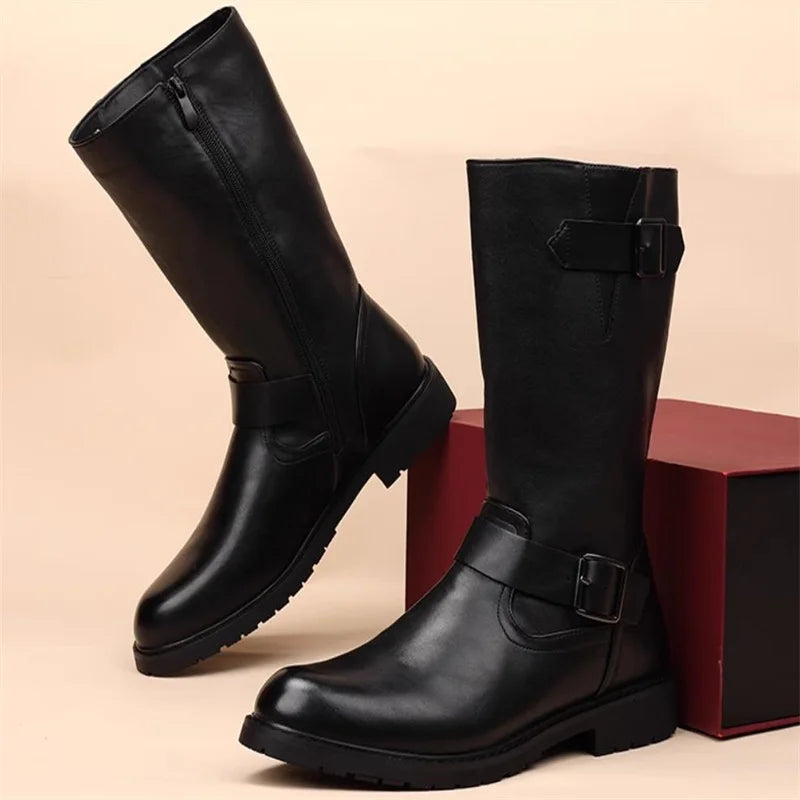 Men Fashion Leather Motorcycle Boots Mid-calf Warm Boots Black Gothic Belt Rivet Punk Rock Boots Tactical Boots 37-45