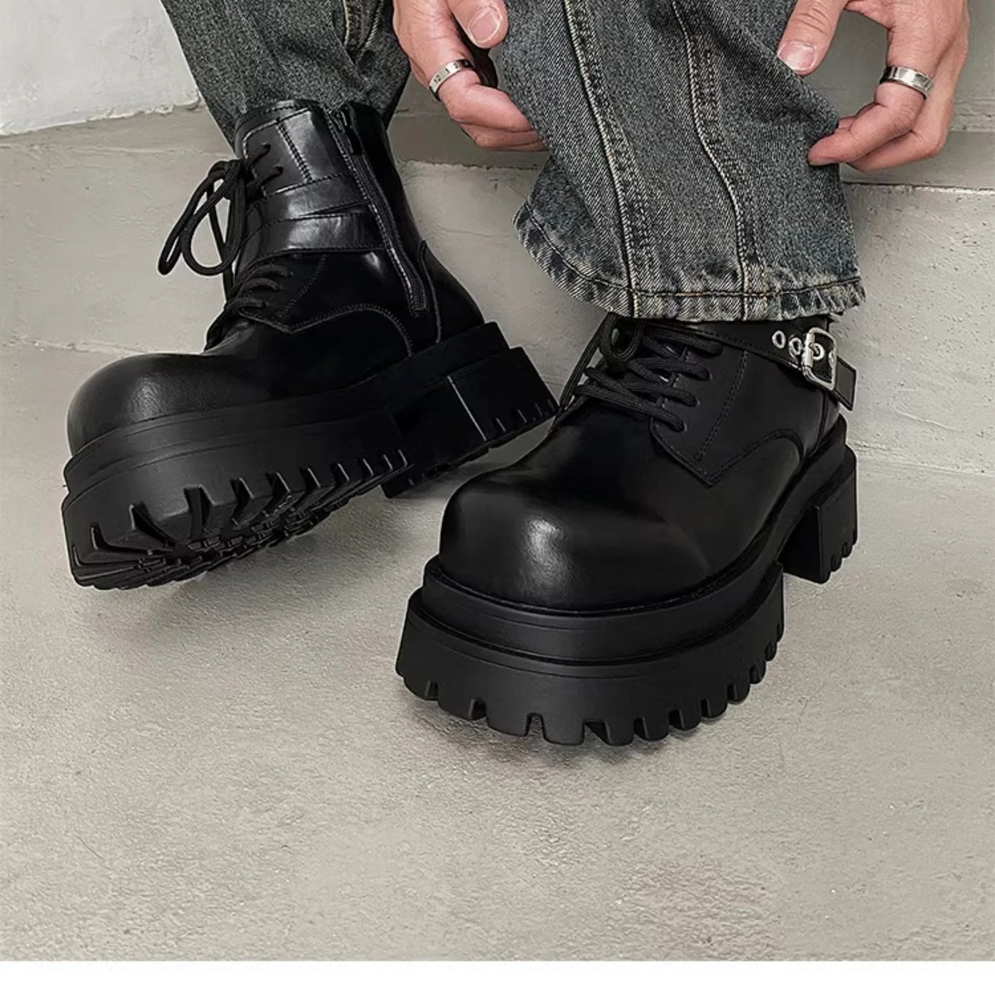 Height increased by 7CM short leather boots for men's dark punk functional motorcycle boots commuting buckle work clothes shoes