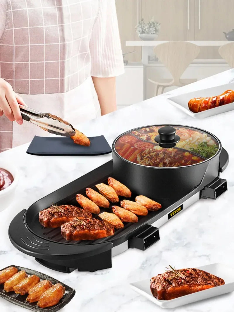 2200W Electric Barbecue Pot 2-in-1 Hot Pot Barbecue Pot Smoke-free Fast and Uniform Heating Independent Dual Temperature Control