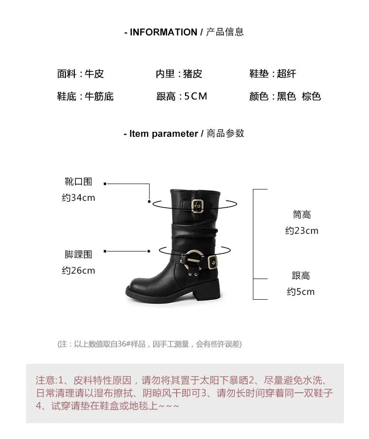 Fashion Buckle Motorcycle Boots Women Round Toe Med Heels Ankle Boots Woman 2024 Pu Leather Square Heel Autumn Platform Shoes