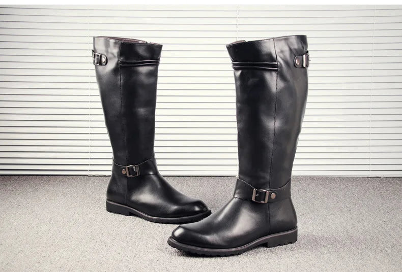British Mens Black Leather Knee High Boots Desiger Zip Long Motorcycle Shoes Antique Cosplay Stage Botas Casual Comfort Zapatos