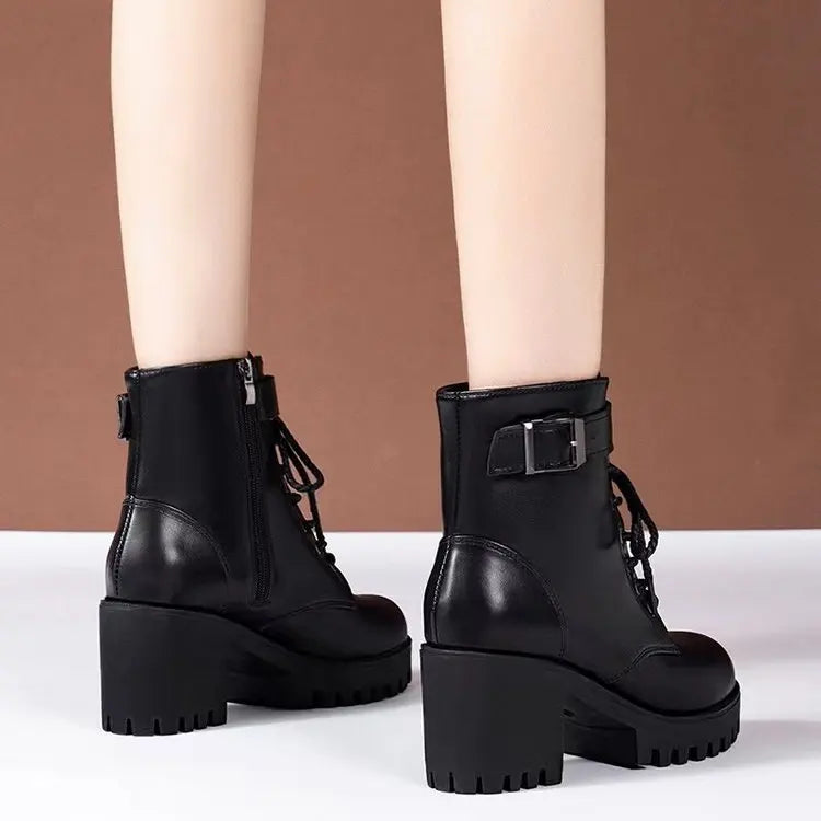 Winter Women's Boots 2025 New Lace Up Boots for Womens Fashion Thick Heel Side Zipper Ankle Boots Warm Female Motorcycle Shoes