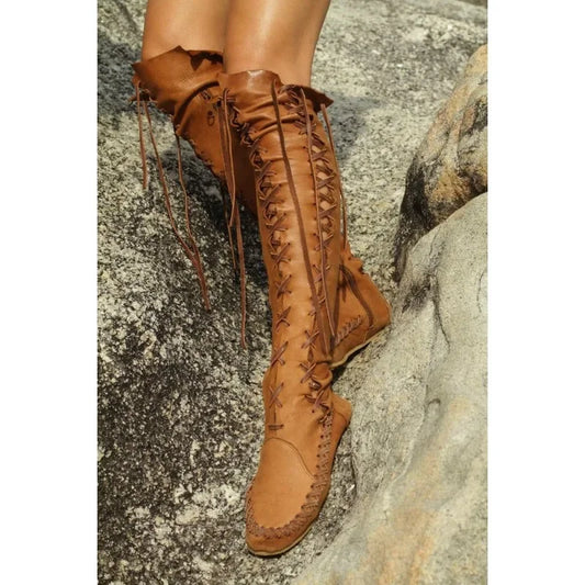 Autumn Over-the-Knee Boots Women Fashion Mid-Calf Sewing PU Flat Heels Lace Up Fashion Concise British Style Women Shoes Orange