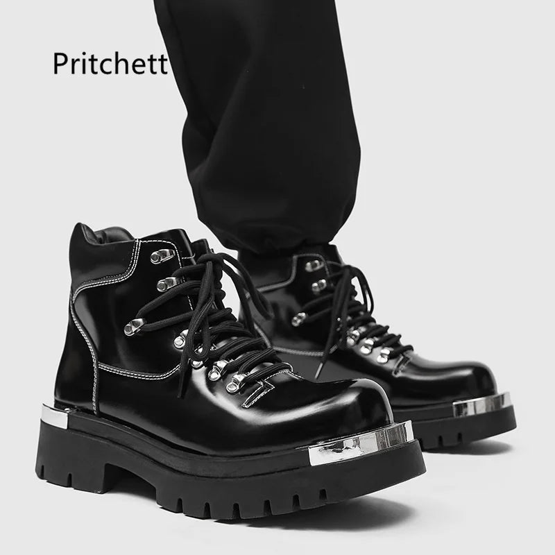 Black Patent Leather Men's Boots Thick Soles Punk Style Women Rivet Metal Decoration Motorcycle Boots Autumn Winter Couple Shoes