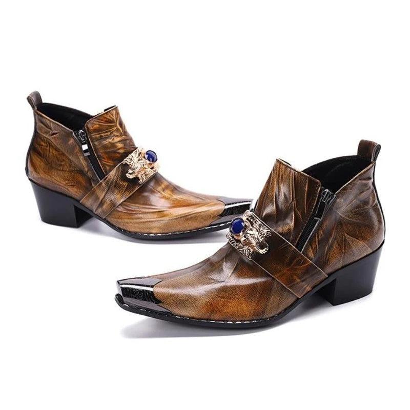 Western men's booties leather shoes pointy brown leather ankle boots men's zipper 6.5cm high heels motorcycle shoes