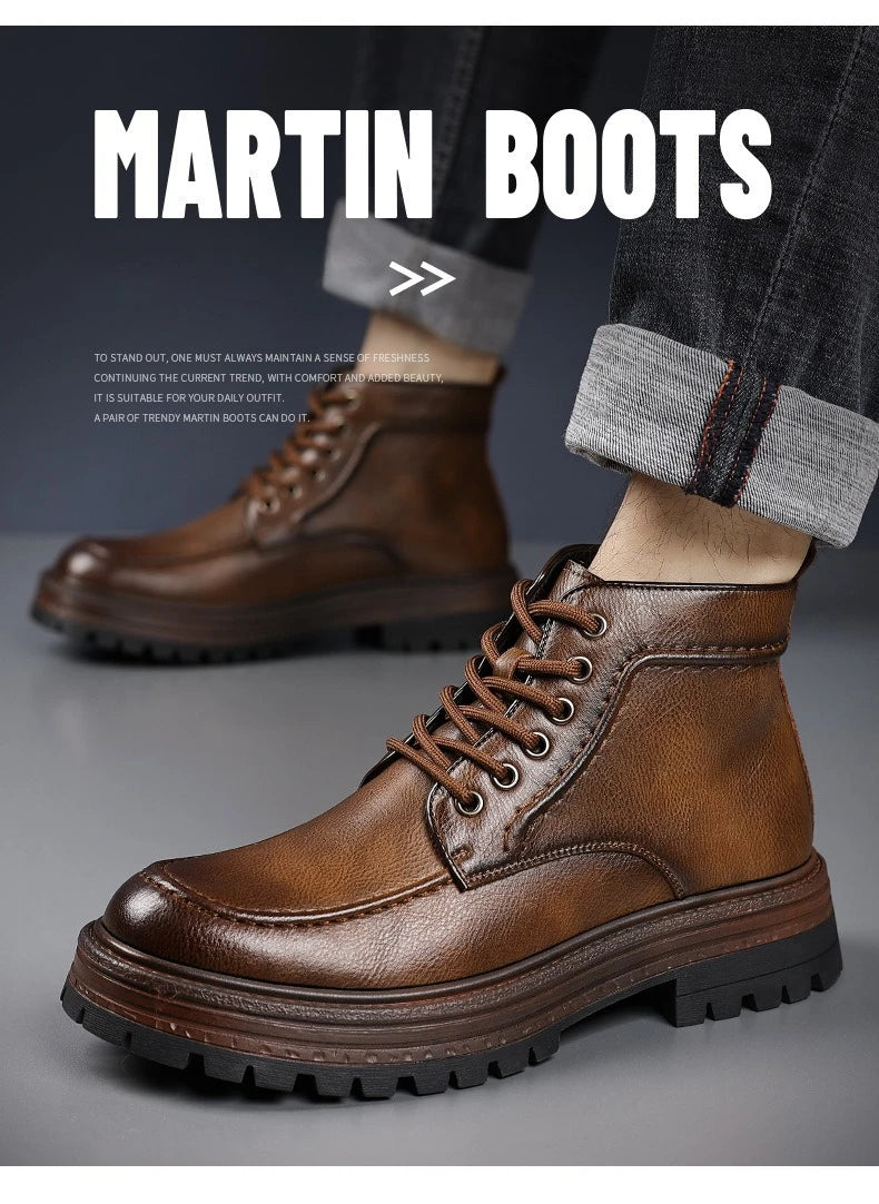 2025 Autumn Winter New Platform Boots for Men Keep Warm Fashion Casual Ankle Boot Male Solid Color Outdoor Cow Leather Shoes Man