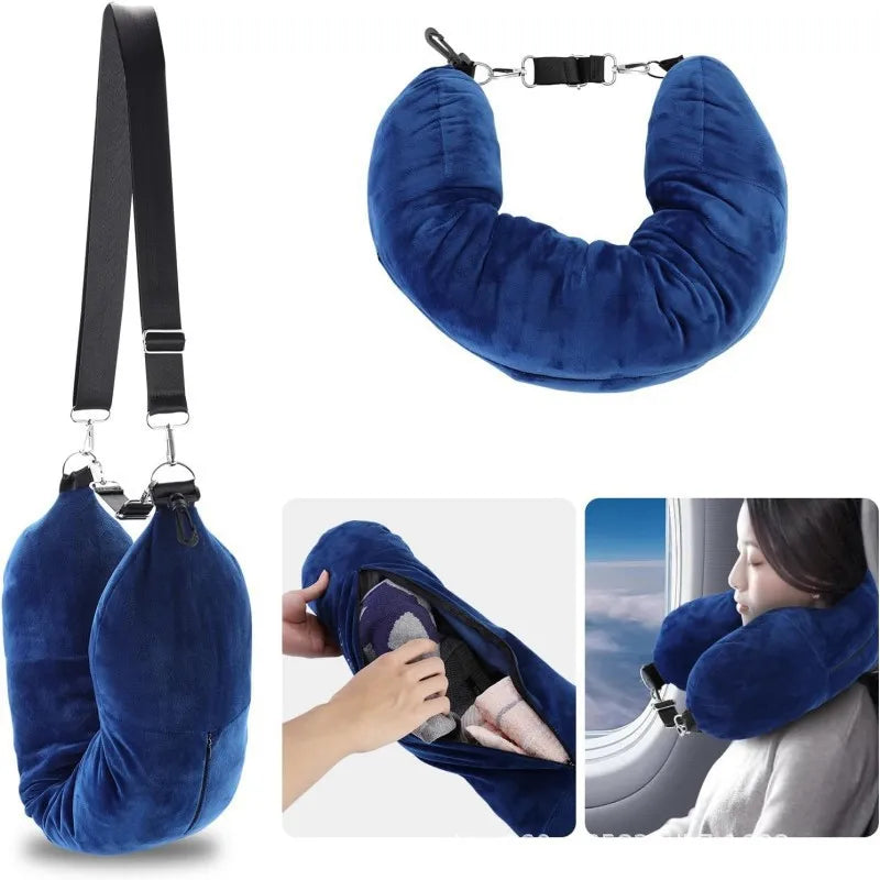 Travel Neck Pillow with Fillable Clothing U-Shaped Pillowcase, Extra Storage Bag, Velvet Neck Pillow Cover for Airplane Travel