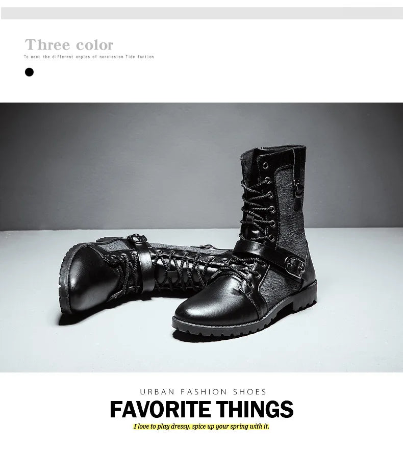 Retro Mid-Carf Punk Boots Winter Men's Plus Velvet Motorcycle Boots All-match Tooling Shoes Denim Mid-high Boots Men botas mujer