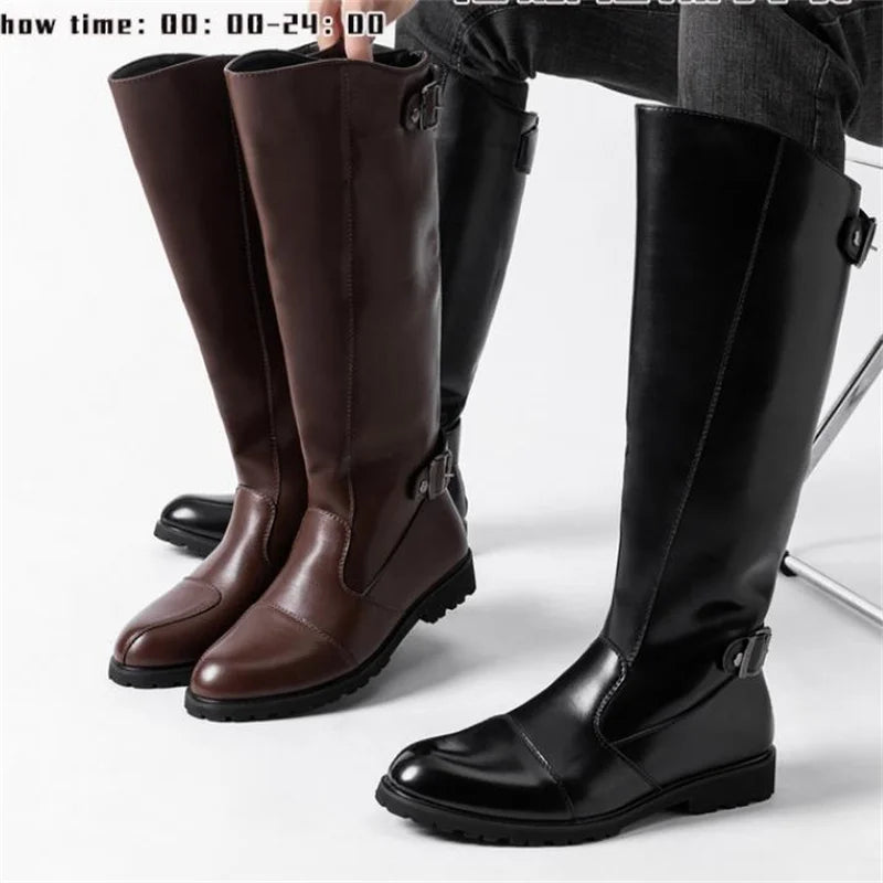 New Arrival Black Long Knee Boots Men Round Toe Buckle High Top Casual PU leather Shoes Man Motorcycle Boots Size 37-46