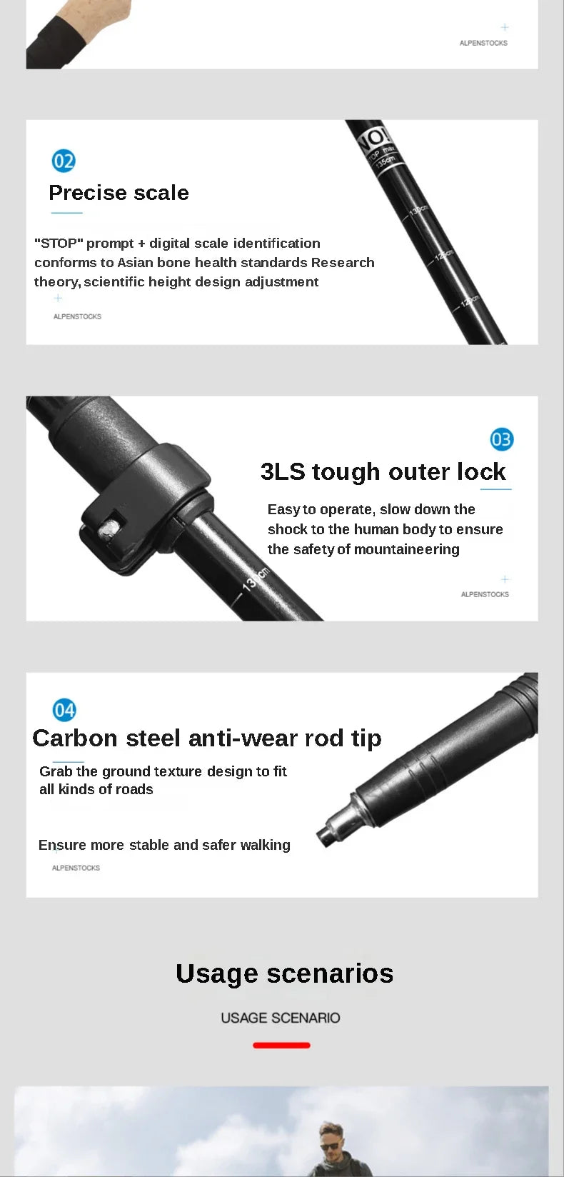 2 high-end hiking sticks, imitation cork handles, three-section telescopic ultra-light alloy sticks with external locks