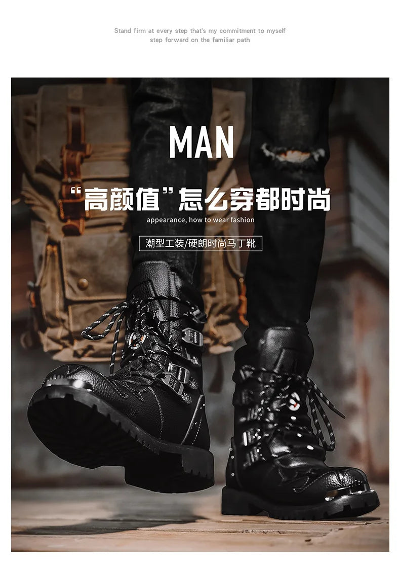 Men Motorcycle Boots Fashion Mid-Calf Punk Rock Punk PU Leather Black High Top Mens Casual Boot Steel Toe Shoes Big Size 38-46