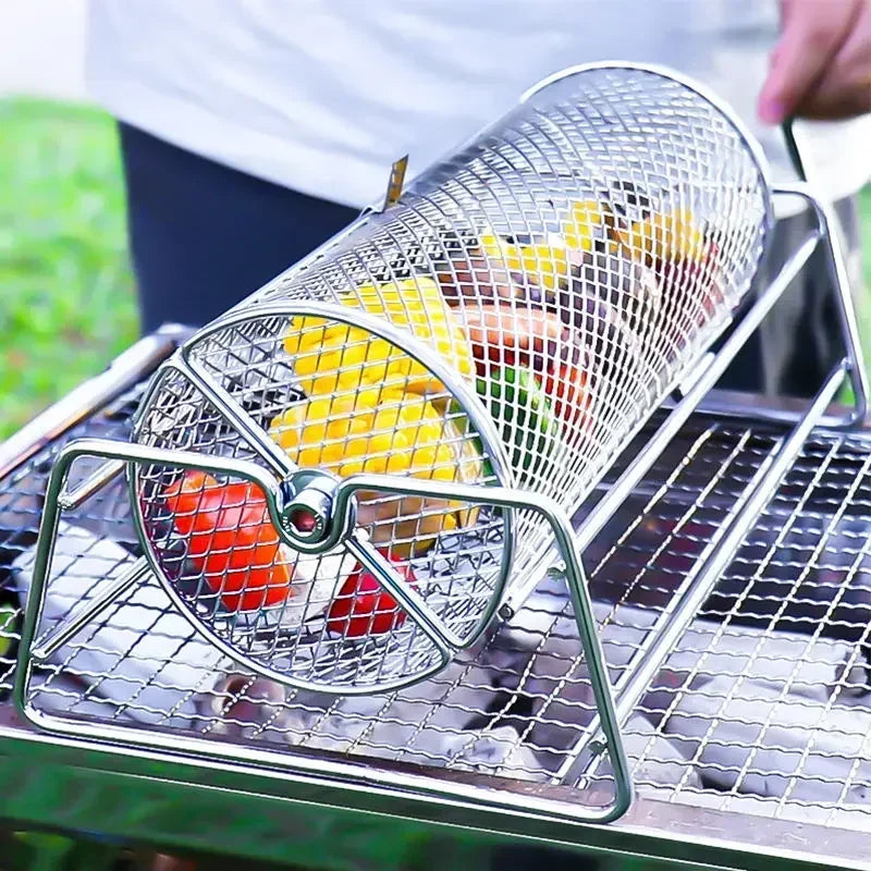 Stainless Steel Rolling BBQ Grill Manual Rotating Barbecue Cage with Base Rotisserie Basket Roll Barbecue Cage Outdoor Roaster