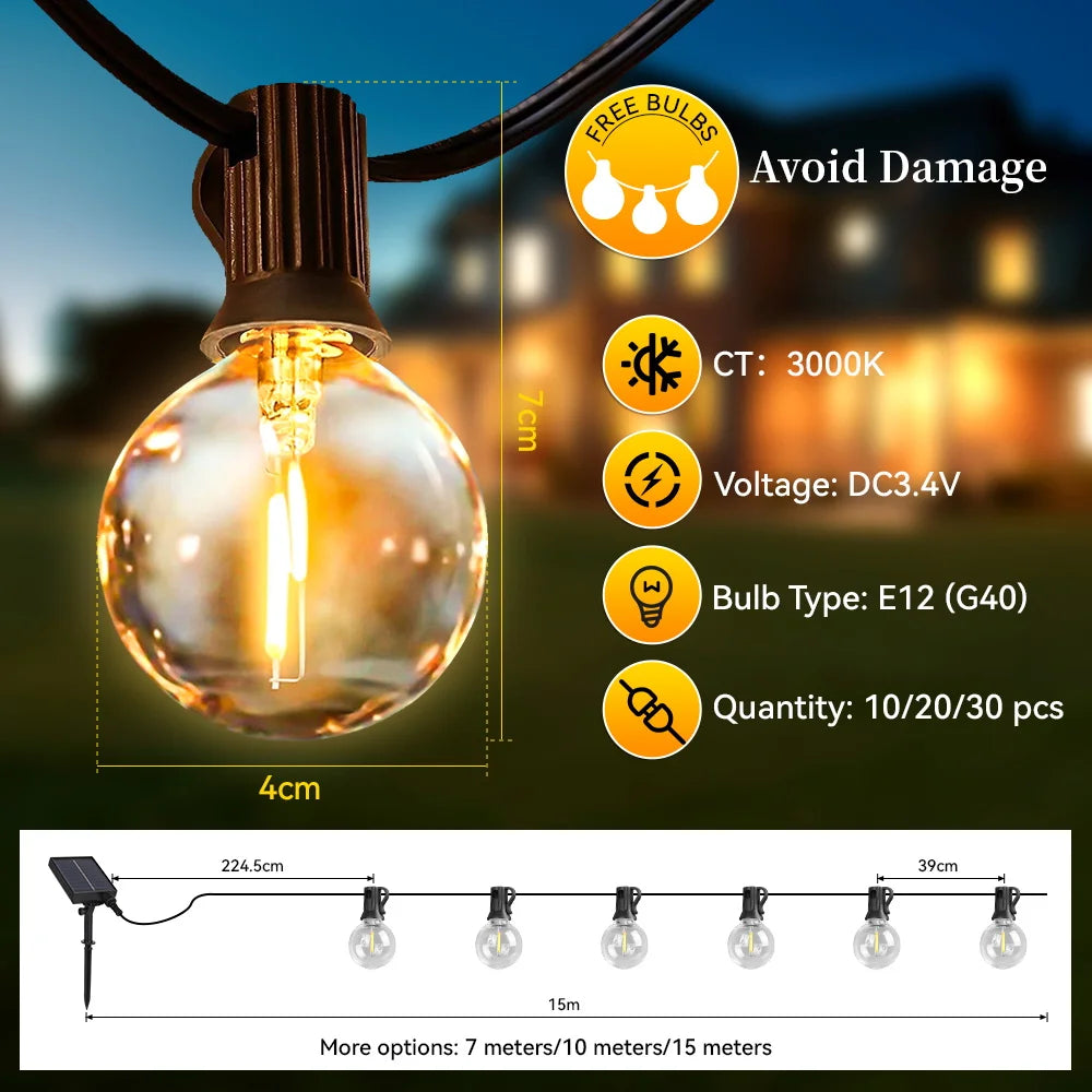 LED Solar String Lamp Waterproof Garden Lights Outdoor Remote Control Solar Camping Tent Lighting for Party Backyard Decorative