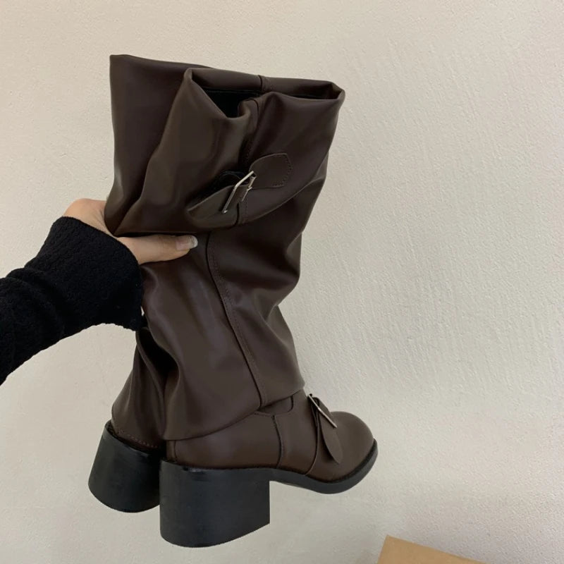 Woman Boots Knee High Platform Heels Trend Punk Gothic New Rock Leather Fashion Women Shoes Motorcycle Footwear Zapatos De Mujer