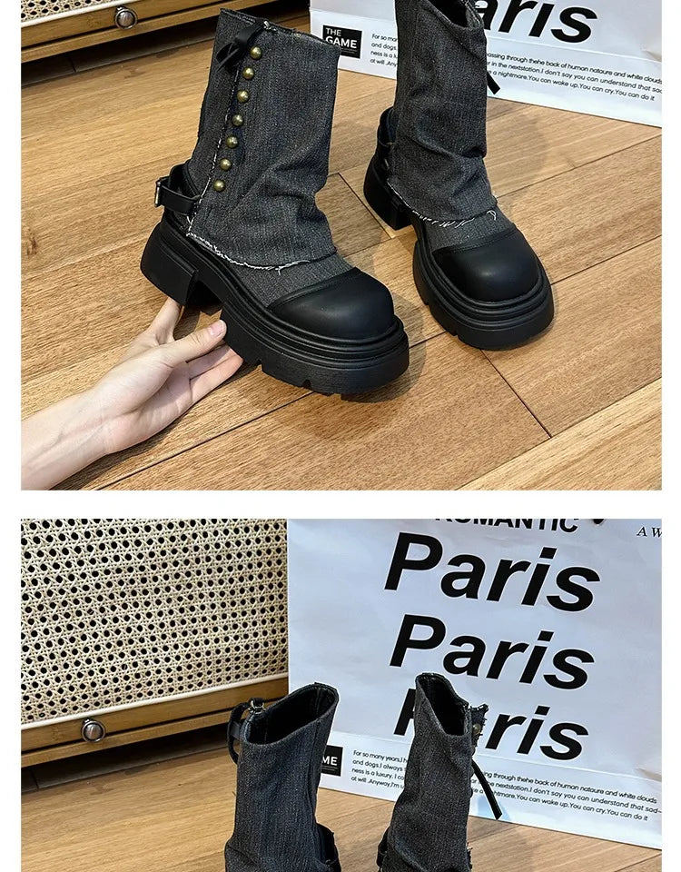 Fall Student Fashion Ankle Boots New Canvas Cowboy Shoes Women's Outdoor Platform Boots Luxury Designer Brand Motorcycle Boots