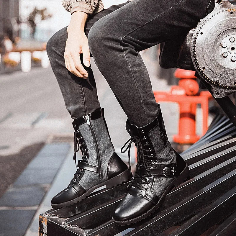 2025 Fashion Man Ankle Boots Lace Up  Platform Leather Shoes Motorcycle Retro Boots Britain Warm Male Platform Mid Calf Boots
