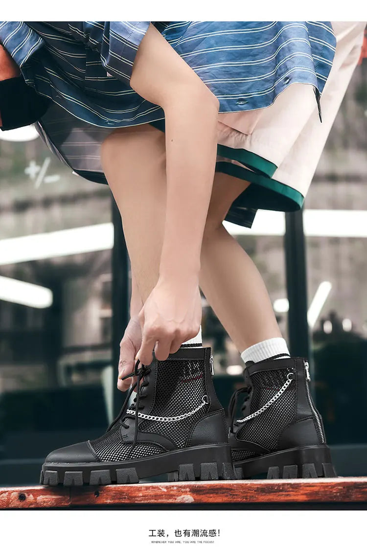 2024 New Summer Men's Boots Thick Bottom Mesh Surface Breathable Hollow Out Chain Short Boot Male Autumn Fashion Casual Shoes